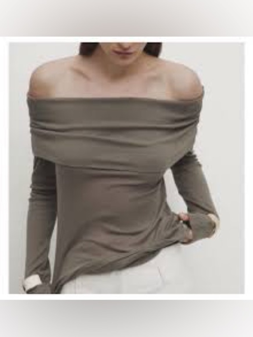 Massimo Dutti Off-The-Shoulder Long Sleeve Top Taupe Brown Cotton Size S